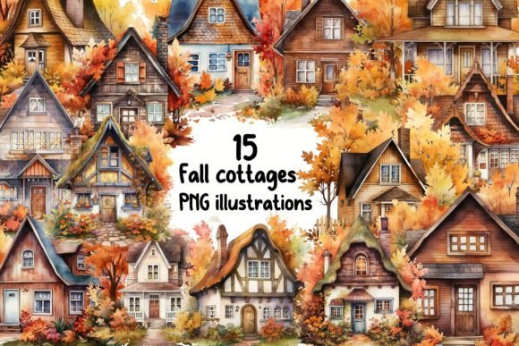 Embrace the Season: 15 Watercolour Fall Decorated Cottages