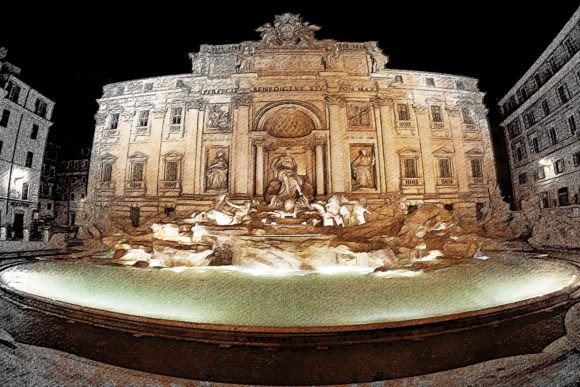 Trevi Fountain View Color Sketch: A Splash of Roman Holiday for Your Projects